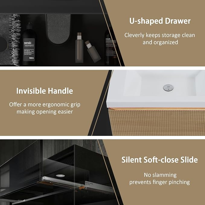 Modern 42'' Floating Bathroom Vanity Sink Combo, Wall-Mounted Striped Cabinet - Image 4