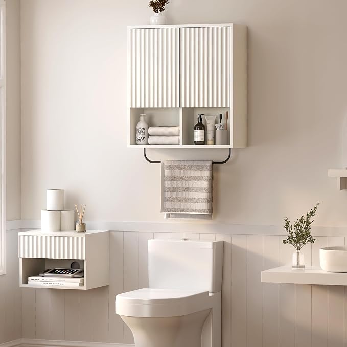 Fluted Wall Cabinet Set of 2, Wooden Bathroom Medicine Cabinet Storage - Image 7