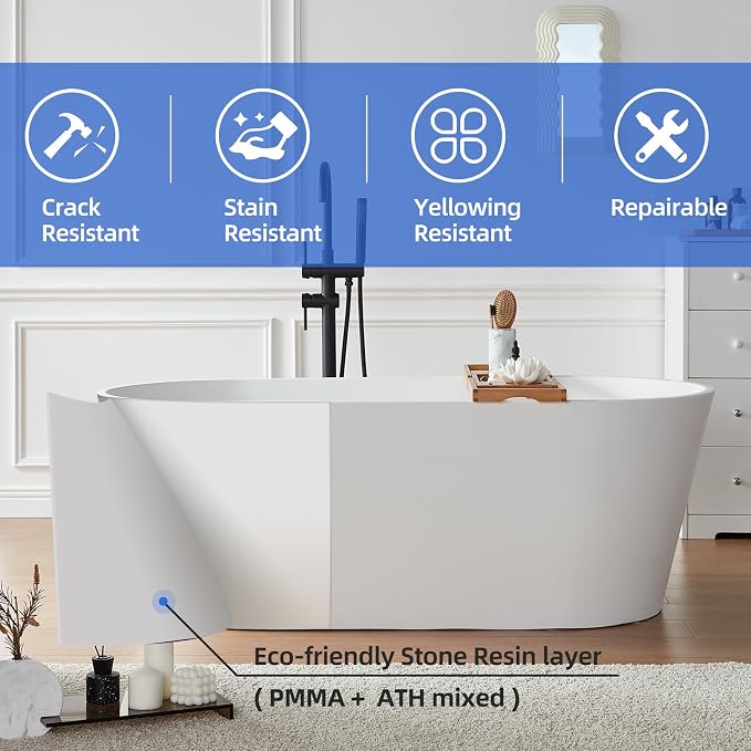 Cpingao 67" Solid Surface Freestanding Bathtub, Modern Oval Stone Resin Stand - Image 6