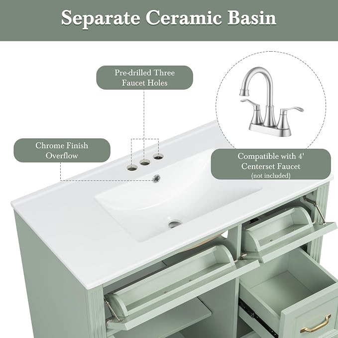 36 in Bathroom Vanity with Sink, Drawers and Flip-Out Drawers, Modern Solid - Image 7