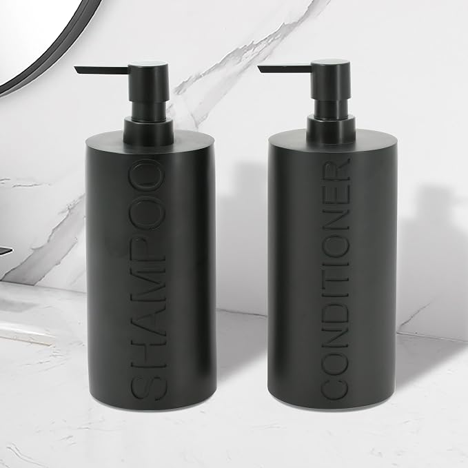 2-Pack Matte Black Resin Refillable Shampoo & Conditioner Bottles – Modern - Image 6