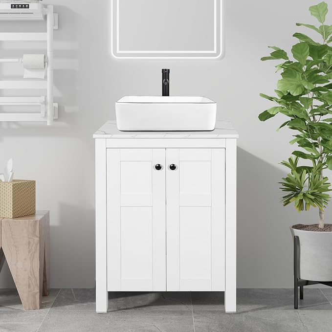 24" White Bathroom Vanity with Marble Texture Top, Traditional Standing by Solidee