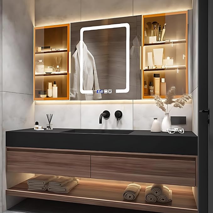 Single Sink Bathroom Vanity, Bathroom Cabinet has LED Lights Fog Mirror & Solid by NAIROLET