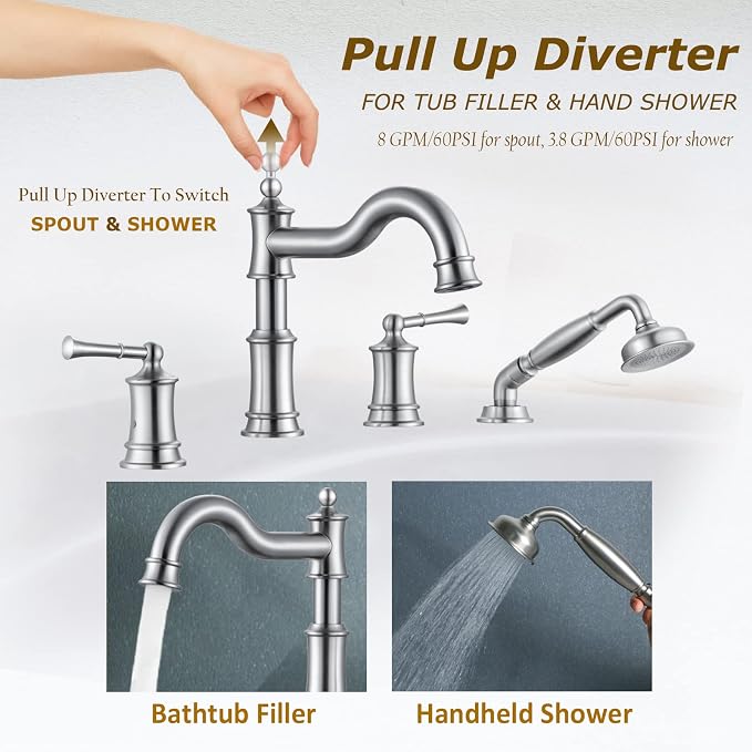 Roman Bathtub Faucet Set With Hand Shower 4 Hole Deck Mount Tub Filler With - Image 3