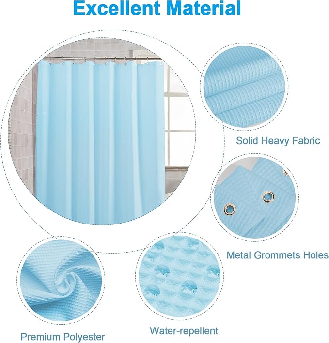 AmazerBath Baby Blue Shower Curtain Fabric, Waffle Shower Curtain Polyester - Image 3