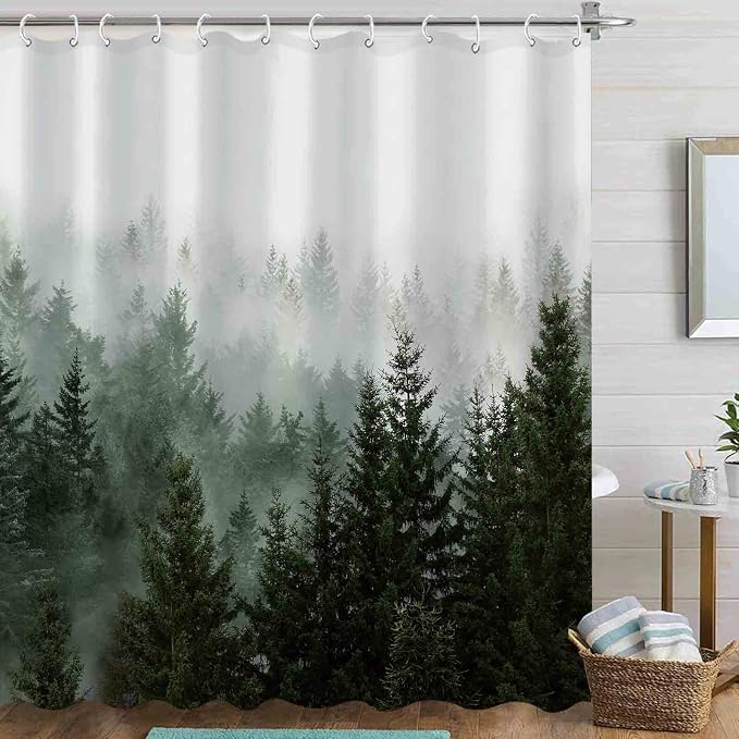 Aipon Green Misty Forest Shower Curtain Nature Tree Shower Curtain Set Dark - Image 4