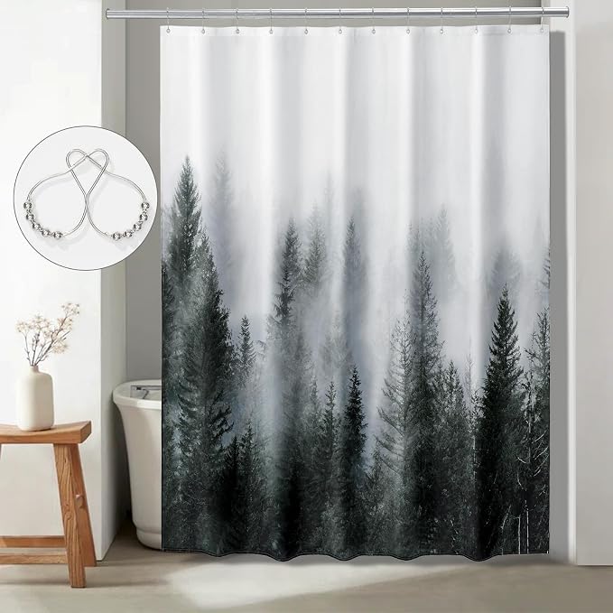 ORTIGIA 84 Inch Long Dark Green Misty Forest Shower Curtain - Image 7