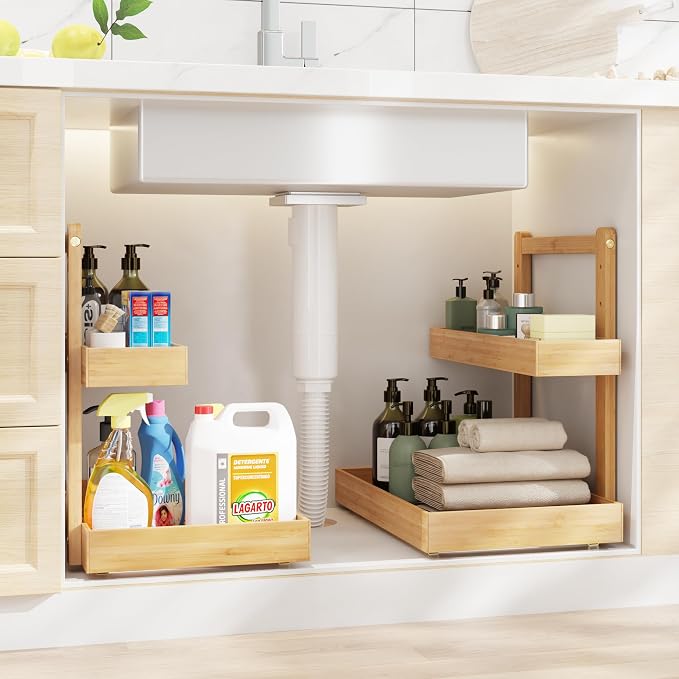 Bamboo Under Sink Organizer and Storage, 2 Tier Pull Out Cabinet Organizer by Unknown