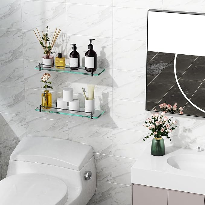 Glass Bathroom Shelves, Matte Black Floating Shelves - Image 6