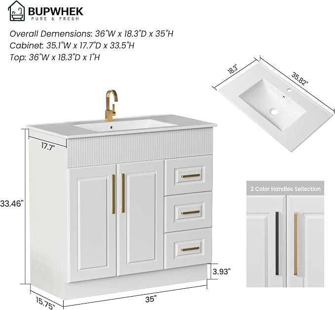 36" Bathroom Vanity with Sink, Freestanding Bathroom Vanity with Integrated - Image 2