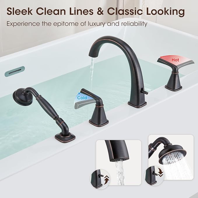 New Roman Tub Faucet with Sprayer, Bathtub Faucet Set Deck Mount, Brass 4 Hole - Image 5
