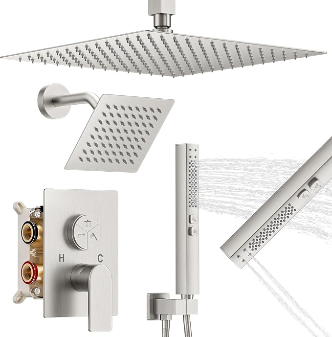 Shower Faucet Set, 3-Setting Push Button Brushed Nickel Shower System, 12 Inch by Unknown