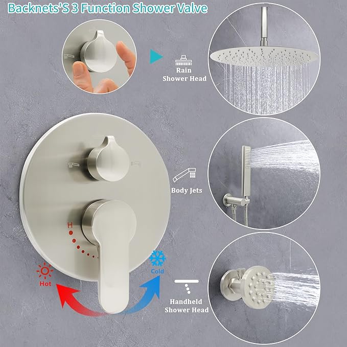 Wall Mount Brushed Nickel Pressure Balancing Shower Diverter Mixing Valve 3 Way - Image 4