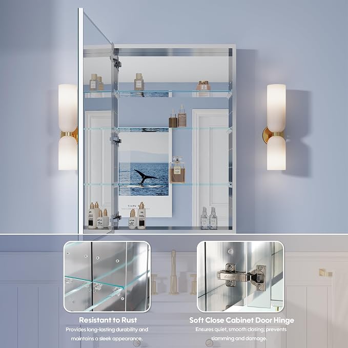 WELLFOR 24" x 36" Bathroom Medicine Cabinet, Anodized Chrome Aluminum Frame - Image 4