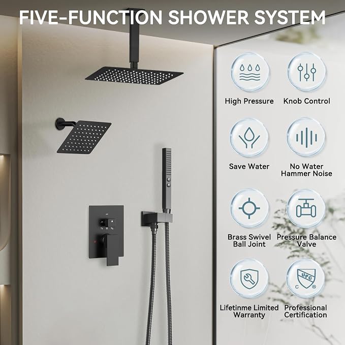 Shower Faucet Sets Matte Black Shower System, Bostingner Five Function Diverter - Image 2