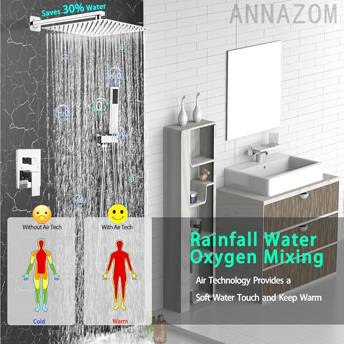 Shower Faucet Set Polished Chrome Surface Large 12 Inch Shower Head Handheld - Image 2