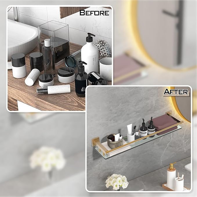 Glass Shelf for Bathroom 24 inch Rectangular Stainless Steel Wall Sheves - Image 5