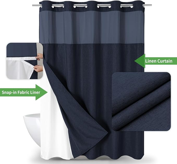 Extra Long No Hooks Needed Linen Textured Shower Curtain - Image 2