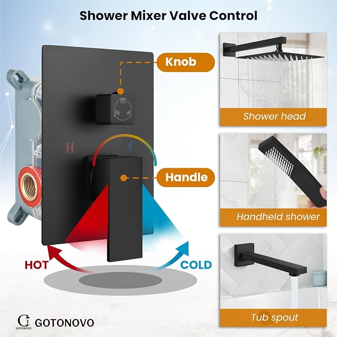 gotonovo Shower System with Tub Spout Wall Mounted Rain Shower Head and Handle - Image 3