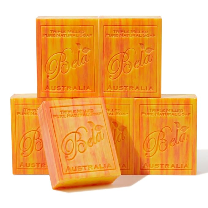 BELA French Peach Soap, 3.3 OZ Pack of 6, Long Lasting French Triple Milled Bar by BELAPURENATURALSOAPSANDODORELIMINATINGHOMEFRAGRANCES