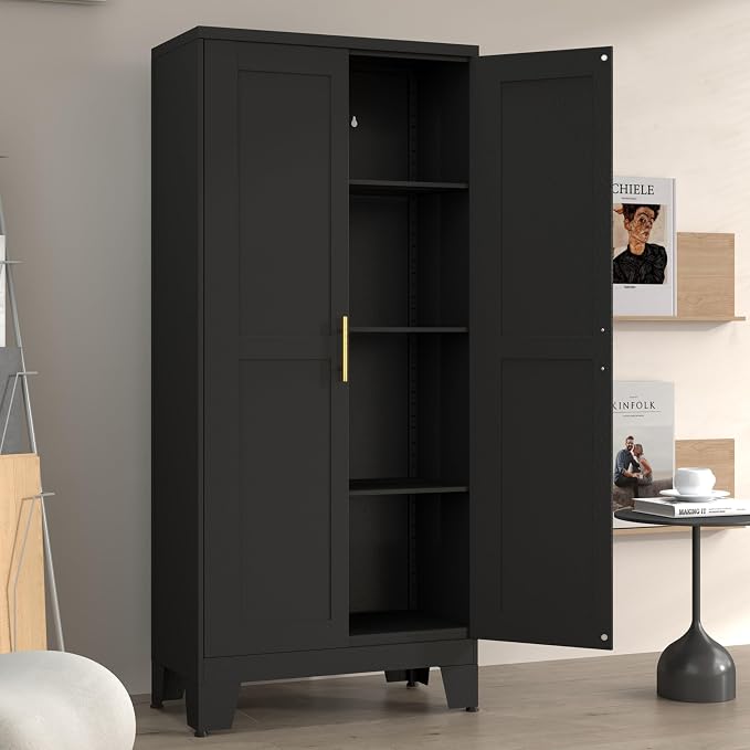 Metal Pantry Cabinet with 2 Doors and Adjustable Shelves, Versatile Storage by winiowa