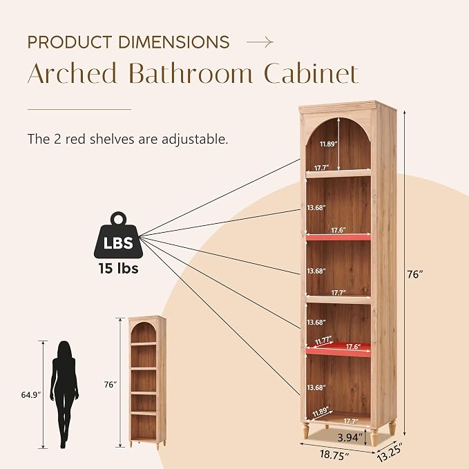 76" Tall Arched Bathroom Storage Cabinet, 5 Tiers Narrow Farmhouse Arched - Image 2