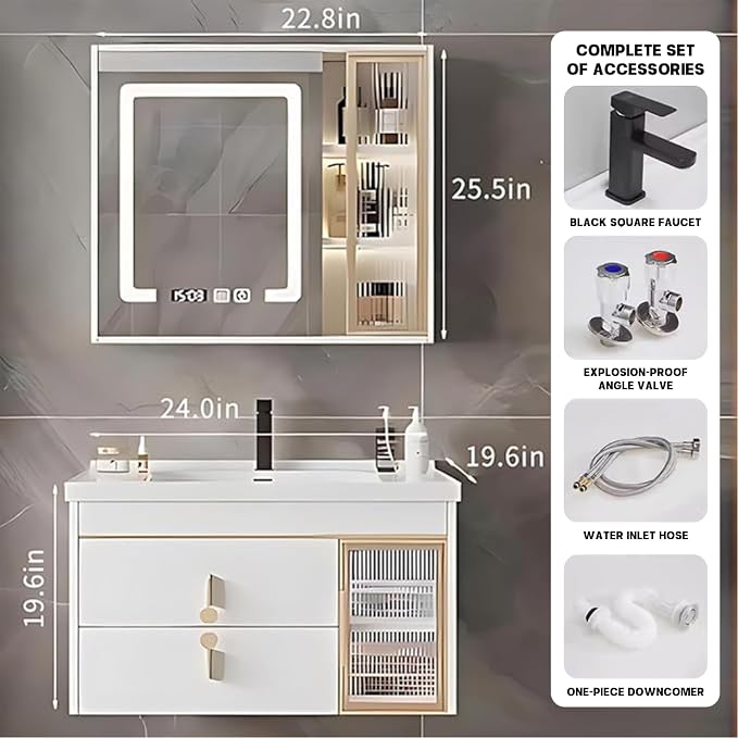 24" Bathroom Vanity with Sink, Floating Bathroom Cabinet Include Smart LED - Image 2
