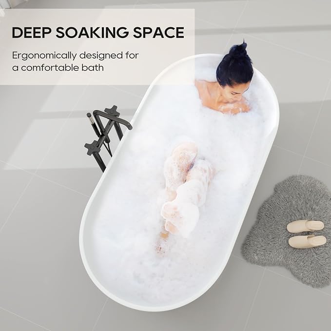 SJ STAR&JANE 59" Solid Surface Freestanding Bathtub, Matte White Oval Soaking - Image 5