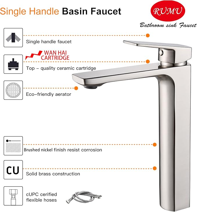 VOTON Vessel Sink Facuet Brushed Nickel Single Handle Tall Bathroom Sink Faucet - Image 5