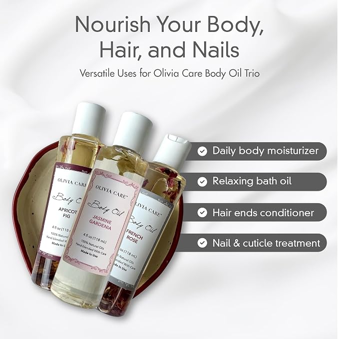 Olivia Care 3 Pack Body Oils: Apricot Fig, French Rose, Jasmine Gardenia - Image 7
