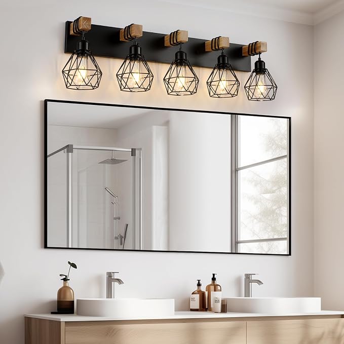 Farmhouse Vanity Light for Bathroom, 5-Light Wood Bathroom Vanity Light - Image 2