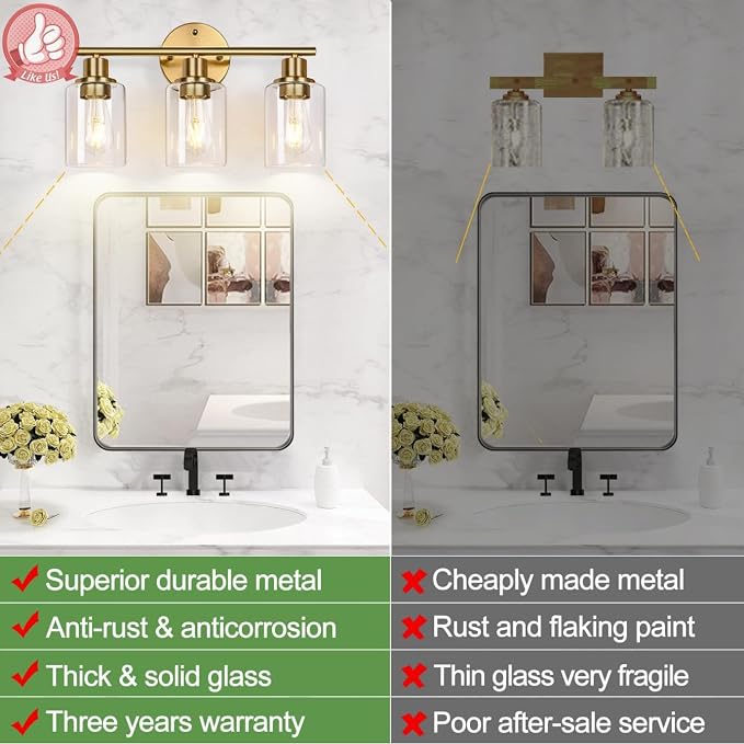 3-Light Gold Bathroom Light Fixtures, Modern Bathroom Vanity Light - Image 3