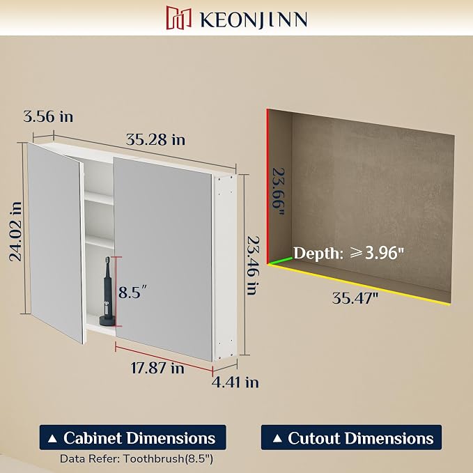 Keonjinn 36 x 24 Inch Bathroom Mirrored Medicine Cabinet, Lightweight Aluminum - Image 2