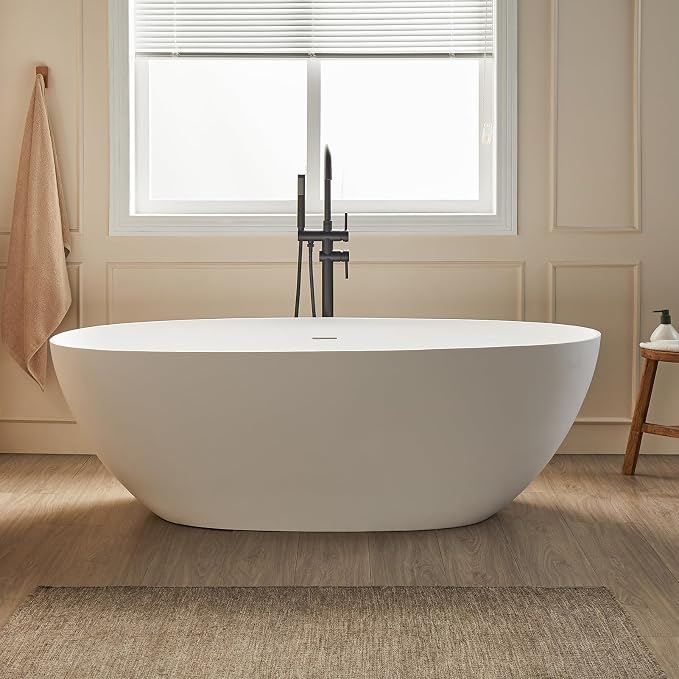 Cpingao 63" Solid Surface Freestanding Bathtub, Modern Oval Shape Soaking Tub by Cpingao