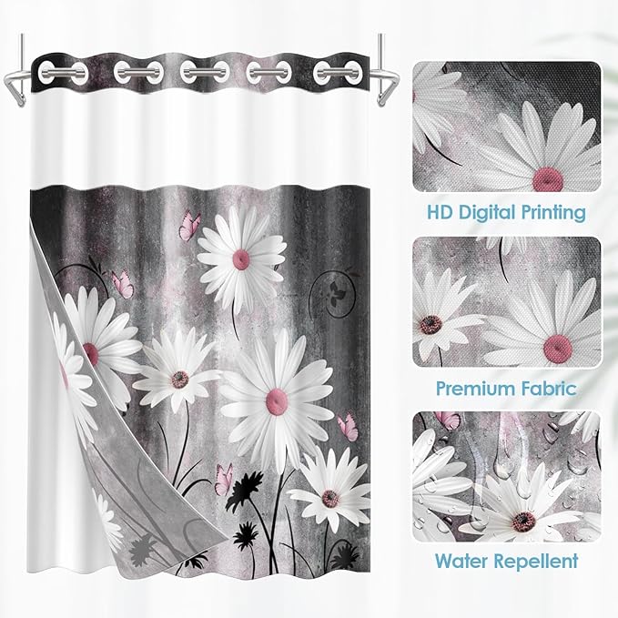 No Hook Pink White Daisy Butterfly Shower Curtain - Image 2