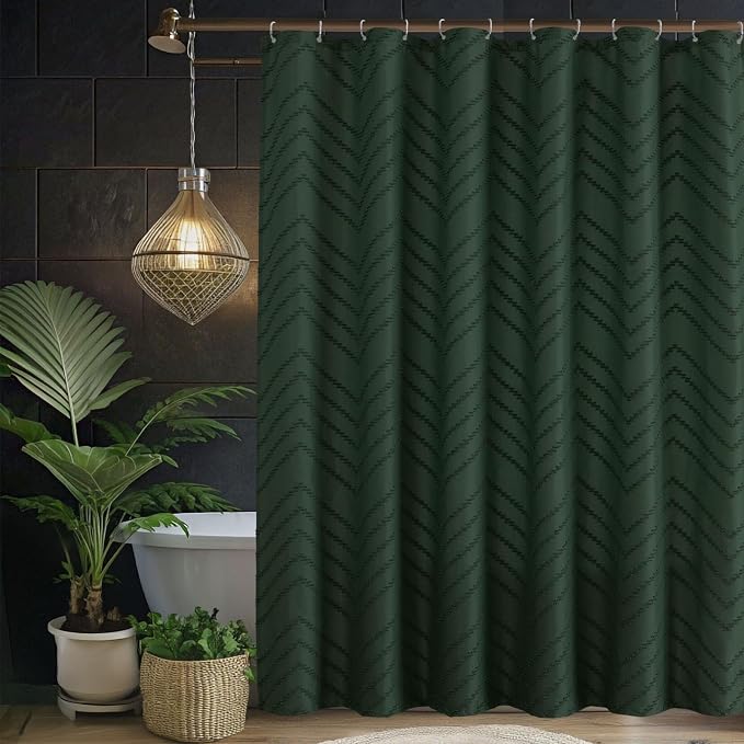84inch Extra Long Dark Green Boho Shower Curtain Woven Fabric Shower Curtain - Image 8
