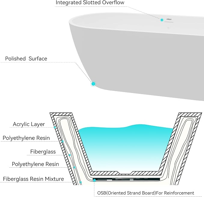 FerdY 67" Bali Elite Acrylic Freestanding Bathtub, Gracefully Shaped - Image 4