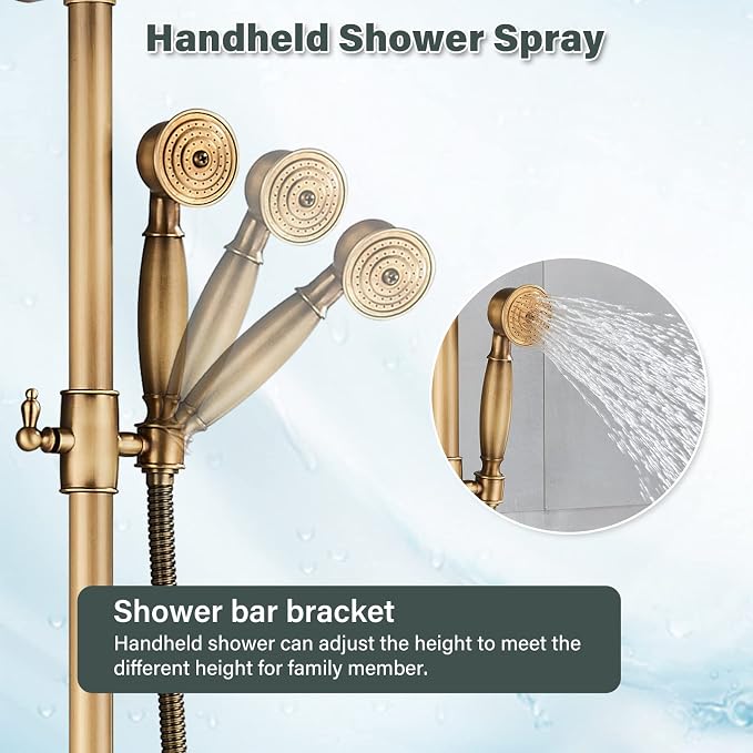 NeierThodore Antique Brass 8-Inch Bathroom Shower Faucet System Rainfall Shower - Image 6