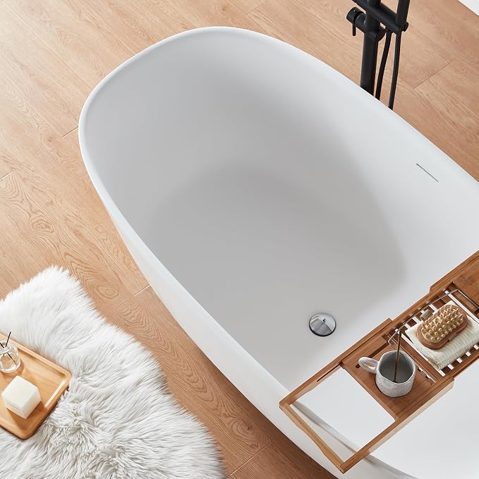 Cpingao 59" Solid Surface Freestanding Bathtub, Stone Resin Soaking Tubs - Image 4