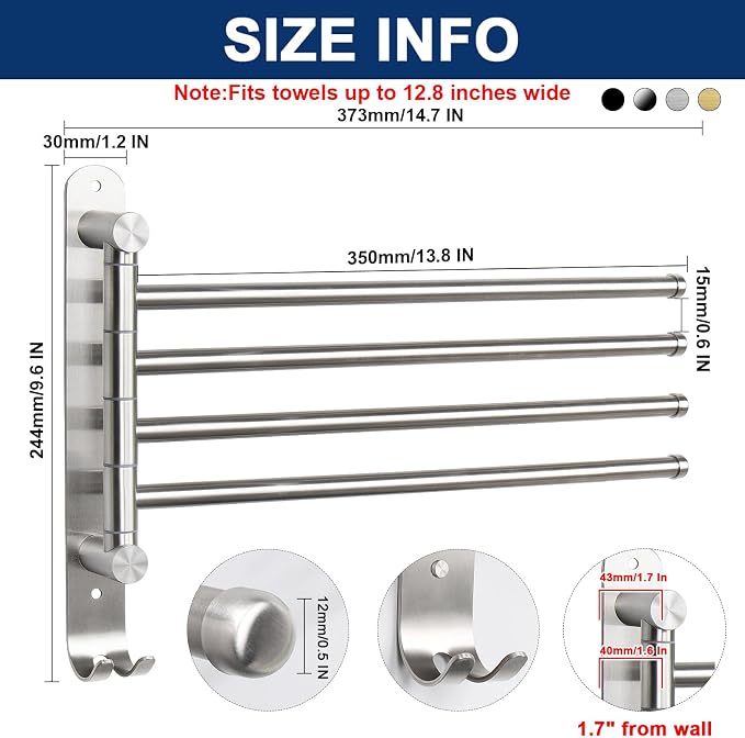 NearMoon Swivel Towel Rack, 13.8" Thicken 304 Stainless Steel 4-Arm Towel Bar - Image 2