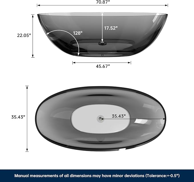 Stone Resin Freestanding Bathtub 71", Elegant Oval Shape Soaking Tub, Solid - Image 2