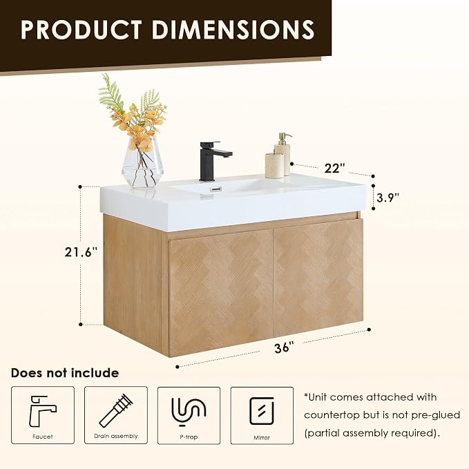 36 Inch Floating Sink Bathroom Vanity Wall Mount Single Vanities Overflow - Image 2