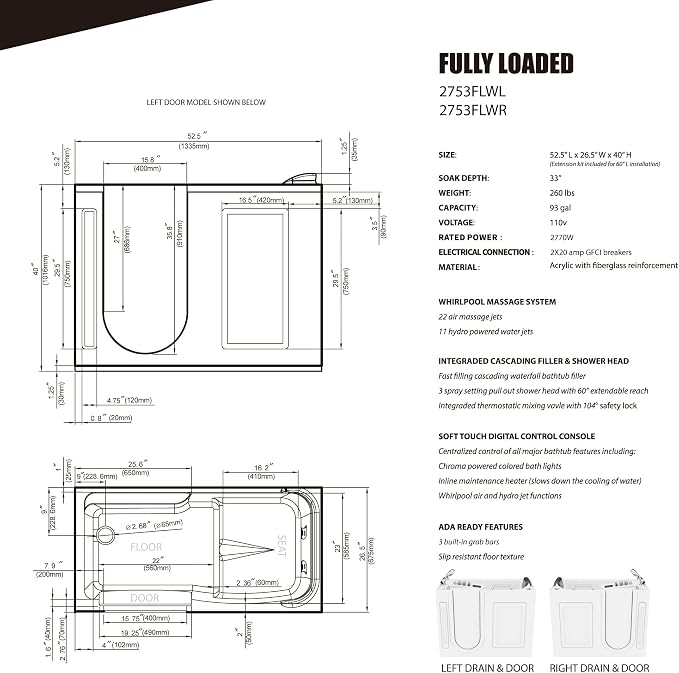 ANZZI Walk In Tub 53" x 27" Left-Drain Bathtub, Air & Whirlpool Massage Jets - Image 8