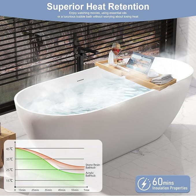 63 Inch Solid Surface Freestanding Bathtub, Oval Shaped Soaking Stone Resin - Image 2