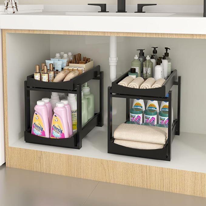 Bamboo Under Sink Organizer and Storage, 2 Pack Pull Out Cabinet Organization by MHXWSXPN