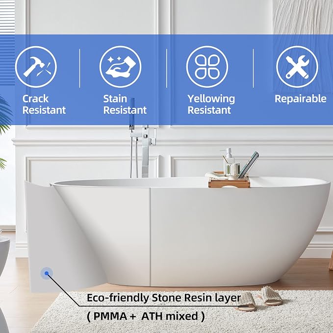 Cpingao 59" Freestanding Bathtub, Oval Shaped Stone Resin Freestanding Tubs - Image 2