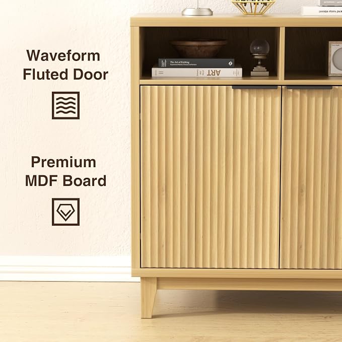 Fluted Cabinet with Doors, Modern Accent Storage Cabinet with Solid Wood Legs & - Image 3