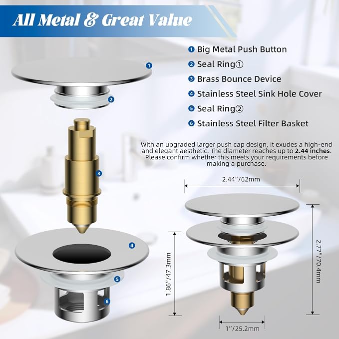 Hibbent All Metal 2 in 1 Bathroom Sink Stopper, Universal Pop Up Drain Strainer - Image 6