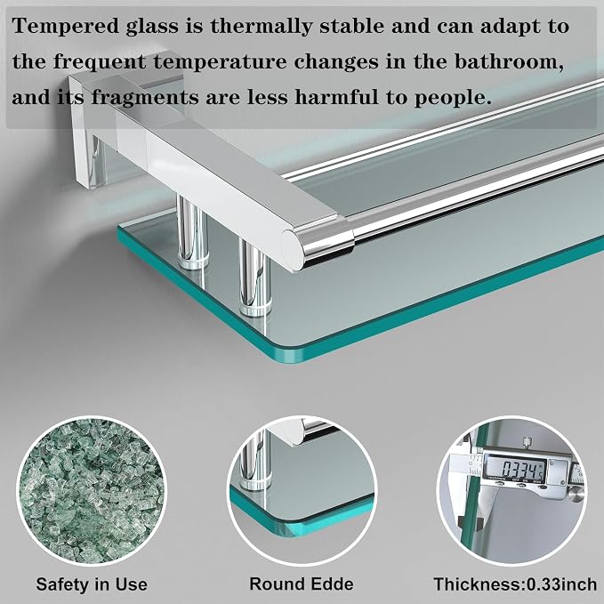 Glass Shelves for Bathroom, 20IN Rectangular Chrome Stainless Steel Tempered - Image 5