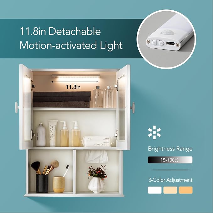 Bathroom Wall Cabinet with Lighting & Tissue Hole, Wall Mounted Glass Door - Image 3